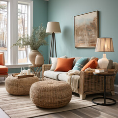 Studio with a tangerine lamp teal stool
