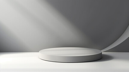 simple round presentation podium against a light gray wall flooded with sunlight. Generative Ai