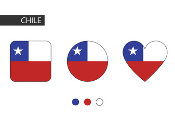Obraz premium Chile 3 shapes (square, circle, heart) with city flag. Isolated on white background.