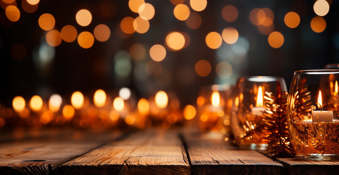 Christmas burning candle, blurred bokeh background, New Year - AI generated image