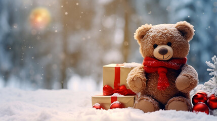 cute teddy bear with christmas gifts and christmas tree toys in the winter forest on the snow. Generative Ai