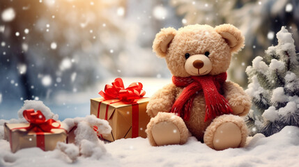 teddy bear with christmas gifts in the winter forest. Generative Ai