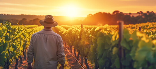 Rural Wine Country: In the early morning light, a vineyard farmer nurtures the vines in the beautiful landscape of a winery.