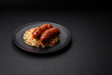 Delicious chicken or pork sausages baked on the grill with porridge and vegetables