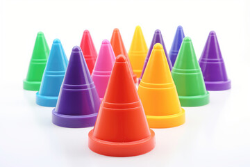 Colorful cones for child playing or for football training isolated on white background