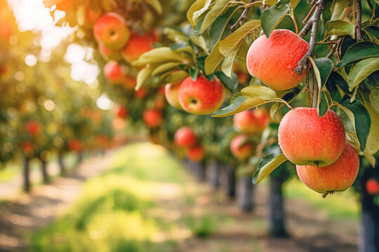 In the heart of the orchard, apples dangle from trees, ready for harvesting amidst the green beauty of nature.
