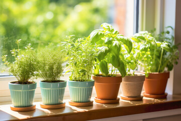 Fototapeta na wymiar Lush green herbs thrive in pots by the window, providing fresh and healthy leaves to enhance your culinary creations.
