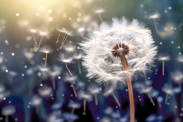 A dandelion seed head in mid-dispersion, with seeds floating away in the wind, highlighting the plant's efficient method of propagation.