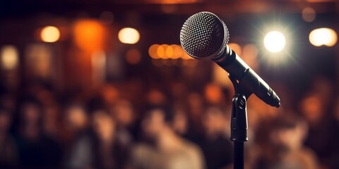 A microphone in front of an audience. Comedy music and theater live performance. Generative AI technology.