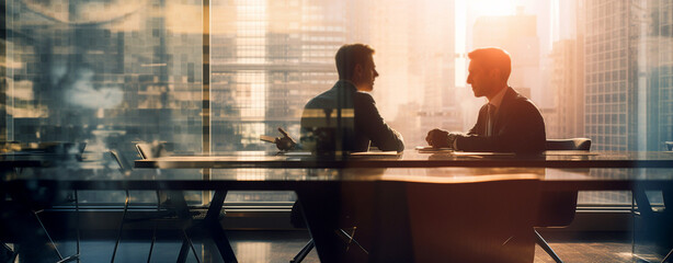 two businessmen discussing their daily affairs in the office at sunset. Generative Ai