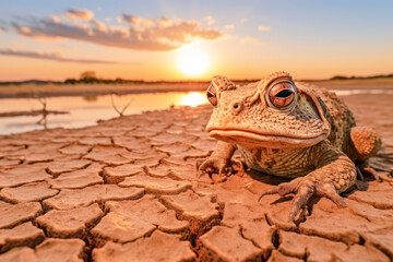 A brown frog sitting on the edge of a dry water body, its environment impacted by a severe drought, highlighting the struggles faced by amphibians in such conditions. - Powered by Adobe