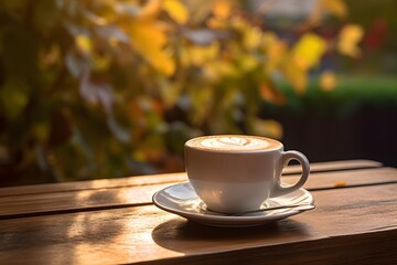 Hot latte coffee in white cup on wooden table, sunlight in the early morning background,