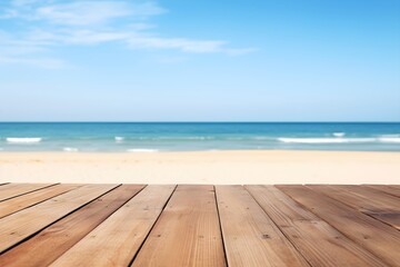 Wooden plank floor table and empty front and Beach and sand beautiful clear sky background