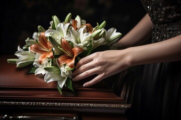 Grieving woman's hand touching a coffin