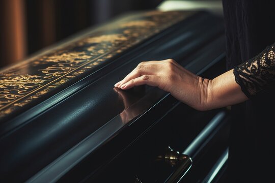 Grieving woman's hand touching a coffin