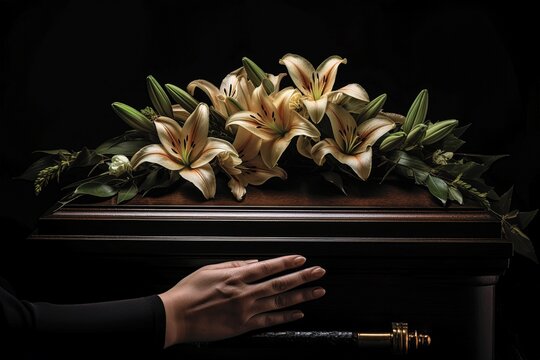 Grieving woman's hand touching a coffin