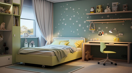 Whimsical Kids' Room: A Single Bed and Colorful Child-Friendly Decorations