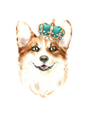 Cute watercolor corgi illustration, funny dog breed clipart/ hand-painted watercolor og head hipster portrait, dog in costume classic top hat, puppy fashion print, cute baby dog isolated on white back