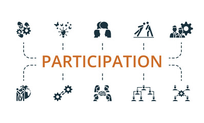 Participation set. Creative icons: teamwork, inspiration, discussion, trust, workgroup, global partners, operation, brainstorming, team organization, collaboration.