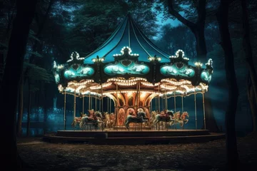 Foto op Plexiglas Carousel horse on a carousel at the amusement park in the night © Virtual Art Studio