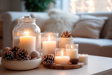Candles and christmas decorations - obrazy, fototapety, plakaty