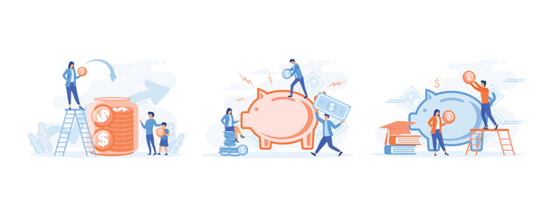 saving money concept.  Saving money - home, budget, financial management. Business, wealth and financial investment, saving money for education.  set flat vector modern illustration 