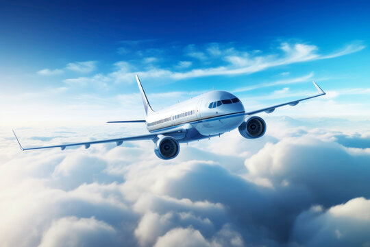 Passenger plane in the clouds. Generative AI