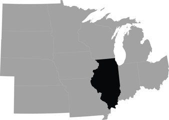 Black Map of US federal state of Illinois within the gray map of Midwest region of United states of America