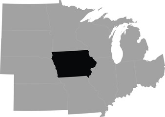 Black Map of US federal state of Iowa within the gray map of Midwest region of United states of America