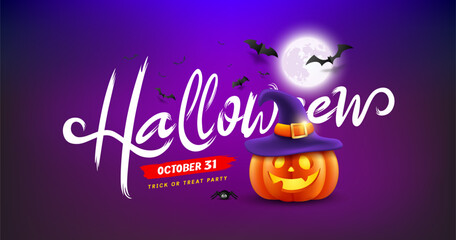 Halloween message white color, yellow pumpkins purple hat and spider, bat flying banner design on fullmoon purple background, Eps 10 vector illustration
