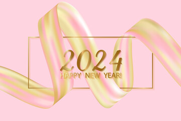 Rose gold chic 2024 Happy New Year card with colorful pink gradient ribbon design element. Pink gold white stylish colors gradient flowing shape ribbon and 2024 New Year text in frame.