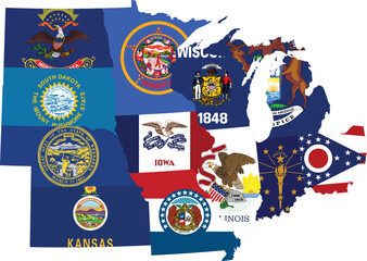 Map of US federal states of Midwest region of United states of America with state flag 