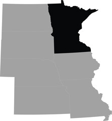 Black Map of US federal state of Minnesota within the gray map of West north central region of United states of America