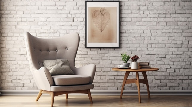 Poltrona perto da mesa de centro de madeira r&uacute;stica. Design de interiores de sala de estar escandinava com molduras