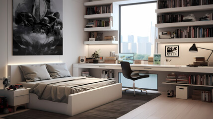 Effortless Elegance: Modern Bedroom with Desk PC and Bed, White and Beige Aesthetics