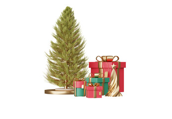 3D render Christmas ornament elements decoration isolated on transparent background, Xmas icons including of gift box, Christmas ball, gold confetti, and golden star, design for greeting card.