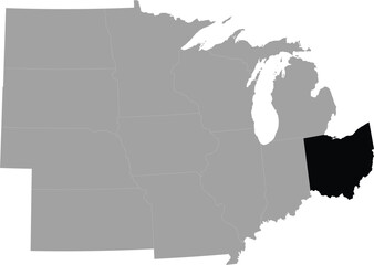 Black Map of US federal state of Ohio within the gray map of Midwest region of United states of America