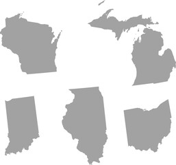 Gray Map of US federal states of East north central region of United states of America