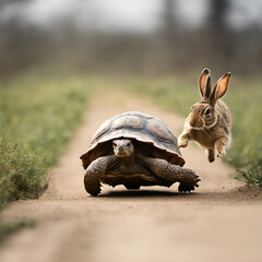A tortoise racing a hare, illustrating the fable