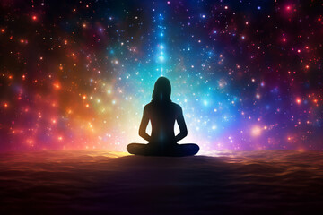 A person finds serenity while seated in a yoga pose, surrounded by a cosmic background, creating a harmonious atmosphere for meditation