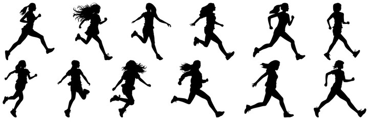 Fototapeta na wymiar Runner woman silhouettes set, large pack of vector silhouette design, isolated white background