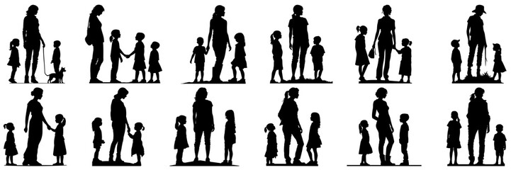 Family parent and childs silhouettes set, large pack of vector silhouette design, isolated white background