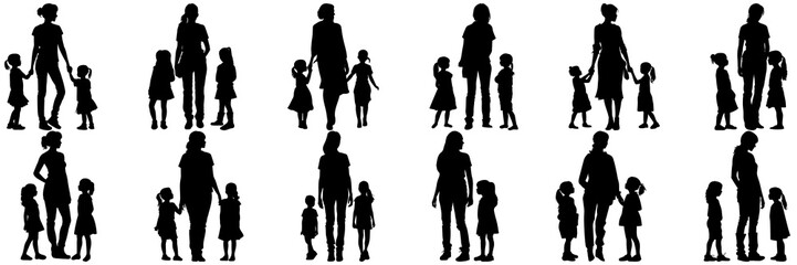 Family parent and childs silhouettes set, large pack of vector silhouette design, isolated white background