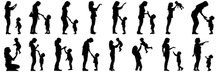 Family parent and childs silhouettes set, large pack of vector silhouette design, isolated white background