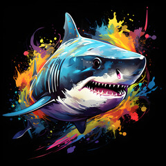 Colorful poster with shark in vector design style isolated on black background