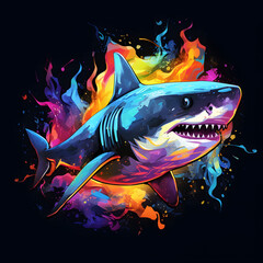 Colorful poster with shark in vector design style isolated on black background