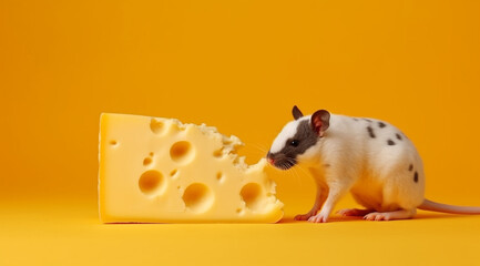 Mouse and cheese on yellow background, created with Generative AI technology