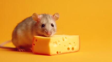 Fototapeta premium Mouse and cheese on yellow background, created with Generative AI technology
