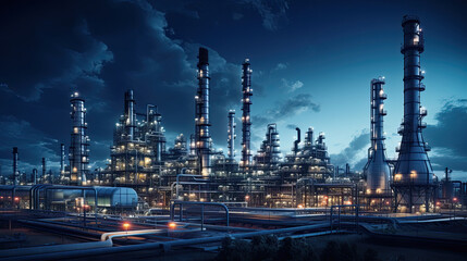 A modern petrochemical plant with intricate piping systems, distillation towers, and tanks, producing various chemical compounds - Generative AI