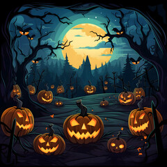 Fototapeta premium a Halloween with a pumpkin patch bathed in the glow of jack-o-lanterns, vector graphic